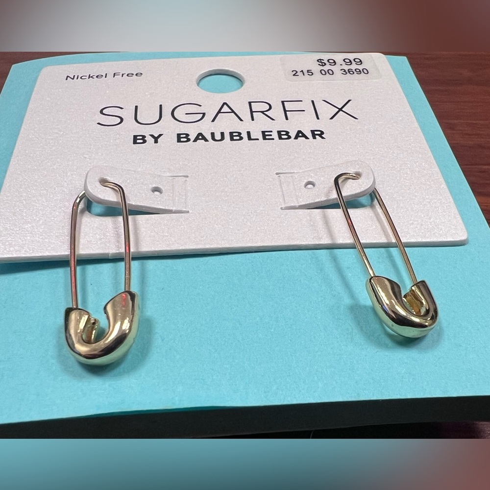 BaubleBar Gold Tone Safety Pin Threader Earrings Nickel Free SugarFix NWT - Picture 4 of 10